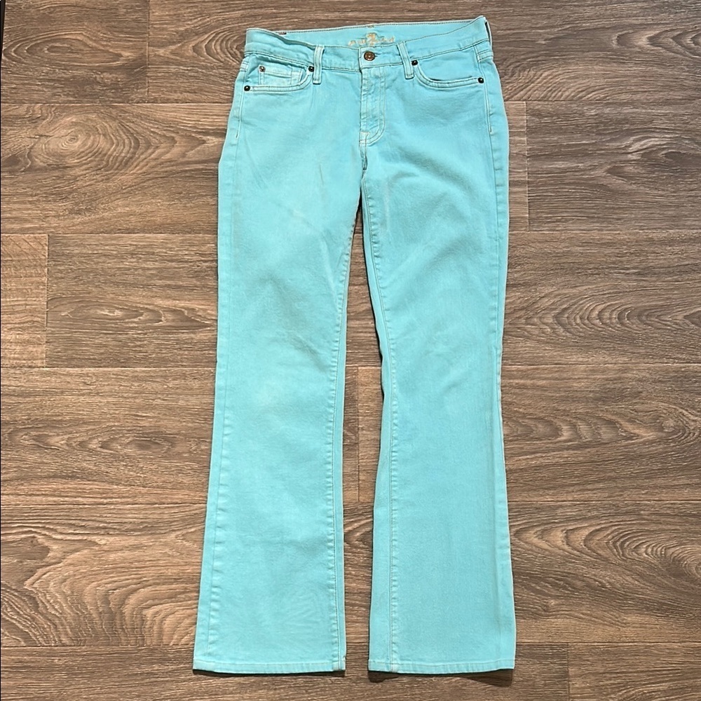 7 For All Mankind Flare Jeans 27 Bright Baby Blue Denim Made USA Vintage Y2K 00s